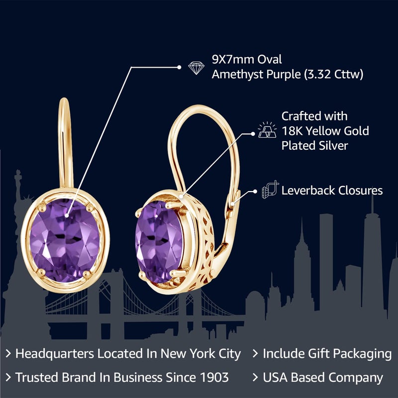 Gem Stone King 18K Yellow Gold Plated Silver Purple Amethyst Earrings | 3.32 Cttw | Oval Dangle Earrings For Women | Gemstone Birthstone | Oval 9X7MM - Image 2